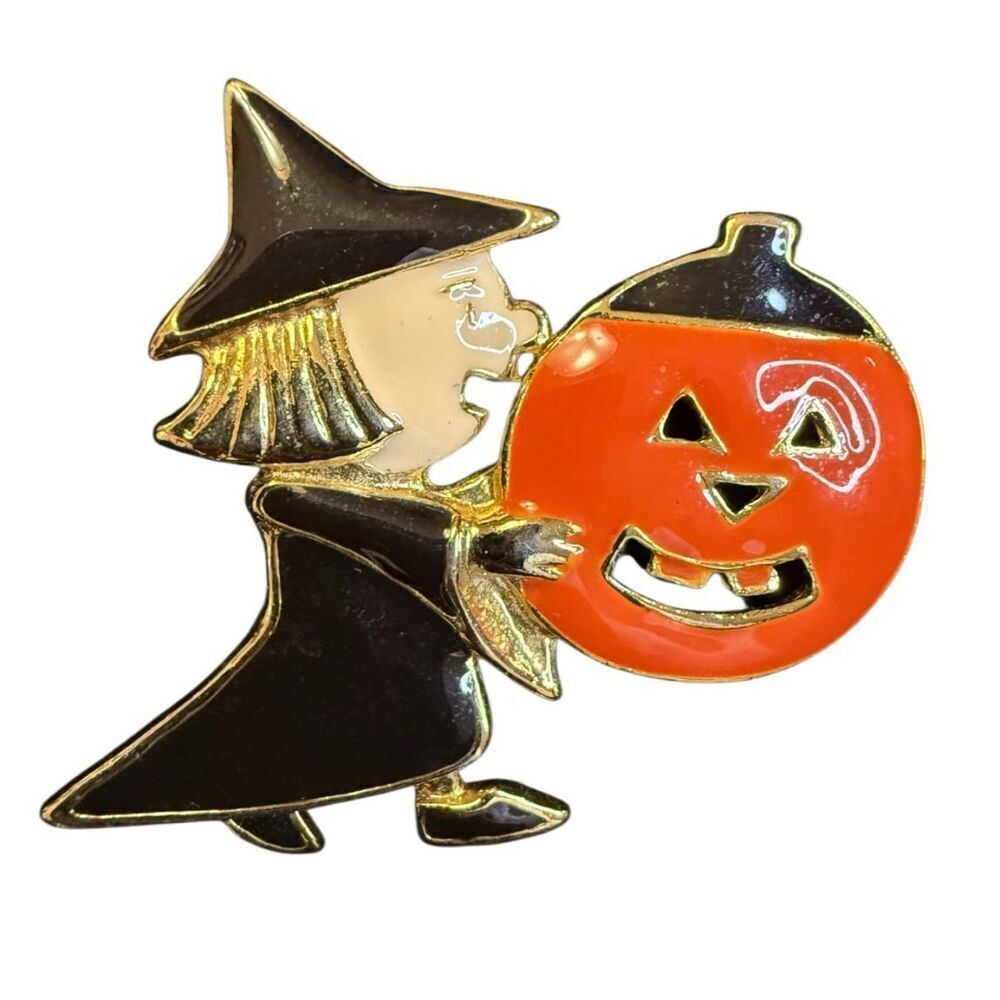 Halloween Brooch Witch & Pumpkin Vintage Enamel Hold Tone